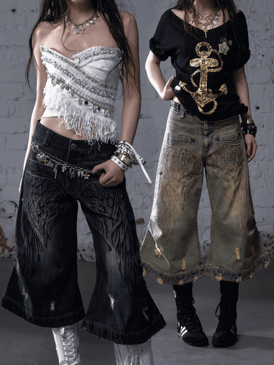 Blue/Yellow Faded Wash Distressed Holes Angel Wing Embroidery Vintage Punk Wide-leg Jeans