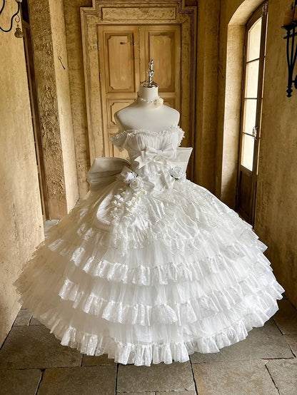White Layered Ruffles Lace Shiro Lolita Dress with Bow Accents