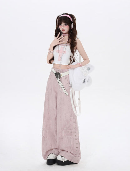 Light Pink Low Waist Studded Cross Appliques Wide-Leg Jeans