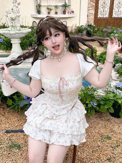 Plus Size White Tulips Print Sweet Bowknots Tiered Skirt
