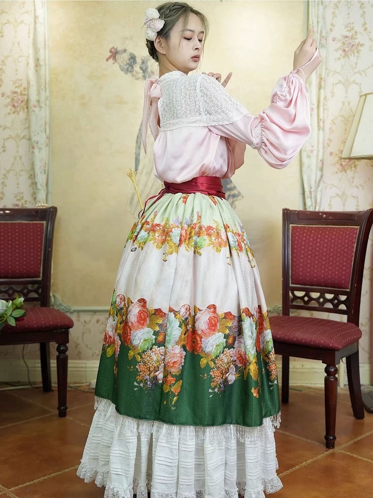 Historical Full Set- Pink Poet Blouse + Green Crystal Tassel Floral Skirt + Red Wide Belt