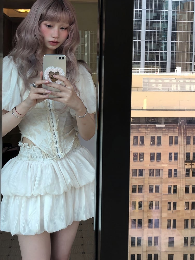 Ruffle-Trimmed Apricot Tiered Mini Bubble Skirt