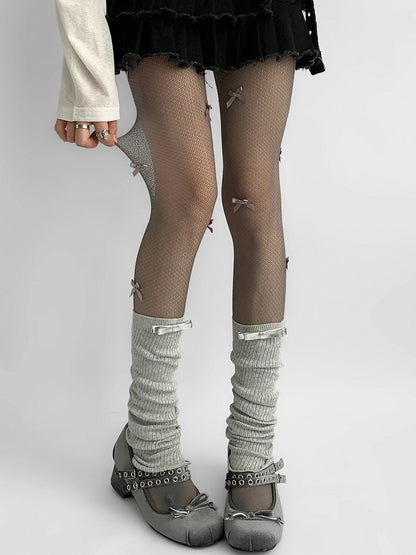 Gray/Brown/White Bowknot Details Tights