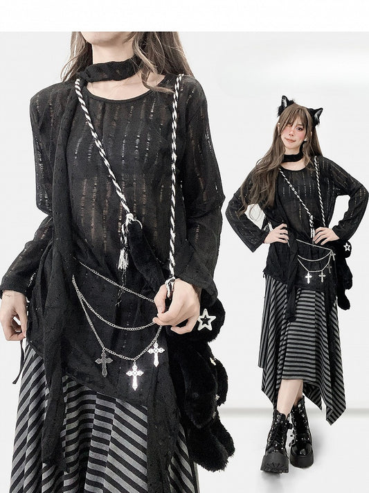 Black Cutout Detail Asymmetrical Hem Long Sleeves Top + Scarf