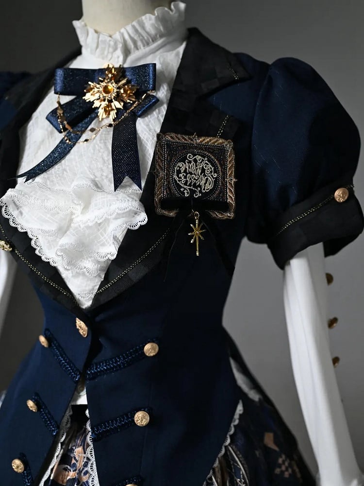 Dark Blue Blazer Collar Short Puff Sleeves Split-Tail Top