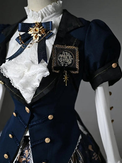 Dark Blue Blazer Collar Short Puff Sleeves Split-Tail Top