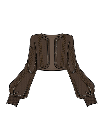 Plus Size Preppy Brown Round Neck Knit Cardigan with Button-Down Front