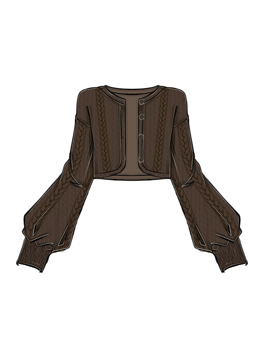Plus Size Preppy Brown Round Neck Knit Cardigan with Button-Down Front