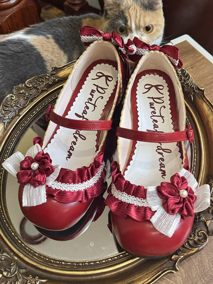 Low-heel Candy Red Mary Janes in PU - Sakura Details, Bow Decor & Flower Clasp