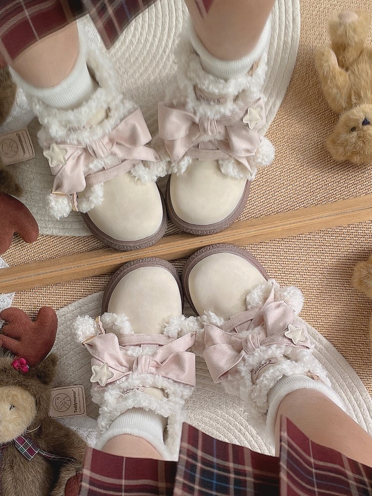 Plush Lining with Pink Bow Decor & Classic Lacing Beige Boots in Sweet Lolita