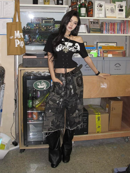 Black / White Asymmetrical Neckline T-Shirt with Lace-up Waist