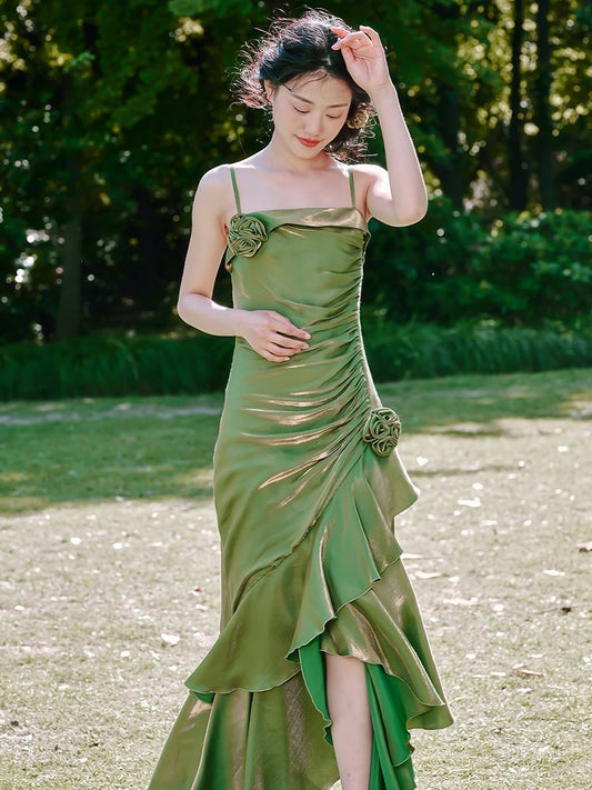 Green Floral Mermaid Skirt Flounce Hem Summer Cami Dress