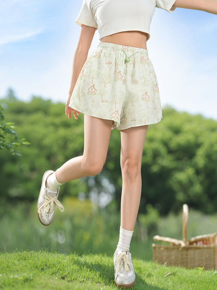 Adorable Bunny Print Green Drawstring Waist Wide-leg Shorts