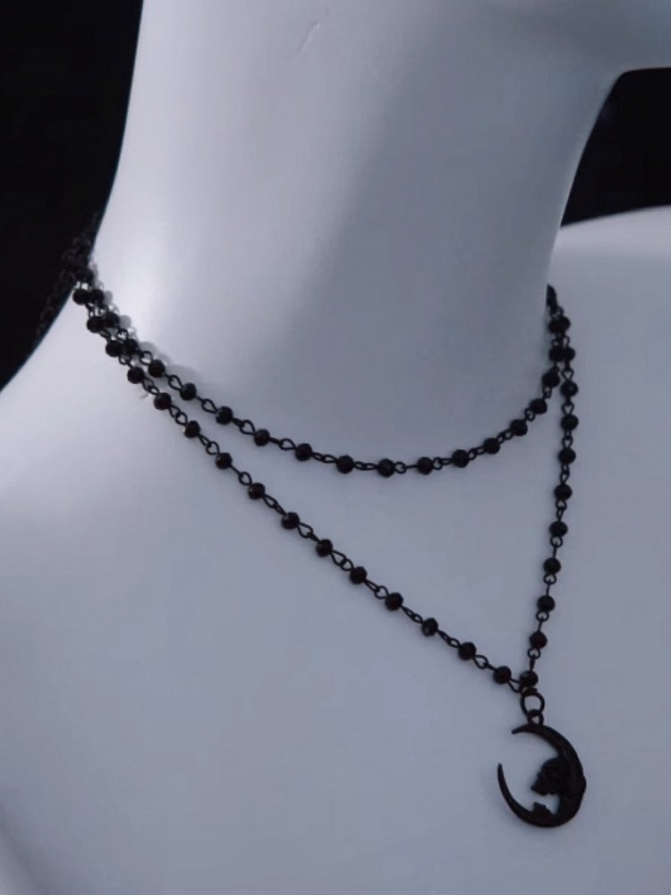 Gothic Moon Pendant Black Double Layers Beads Necklace