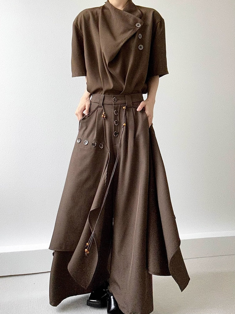 Ouji Lolita Coffee Wide-Leg Pants with Avant-Garde Draping