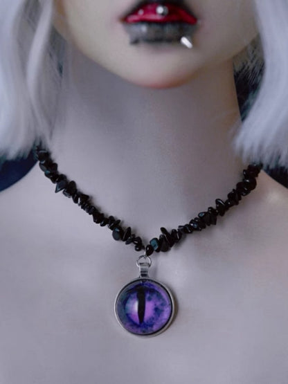 Purple Demon Eye Pendant Gothic Black Crushed Stone Necklace