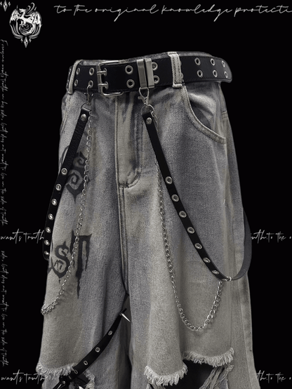 Y2K Blue Criss-cross Straps Design Distressed Holes Punk Jeans