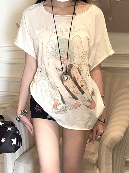 Cartoon Angel Print Apricot Round Neck T-shirt