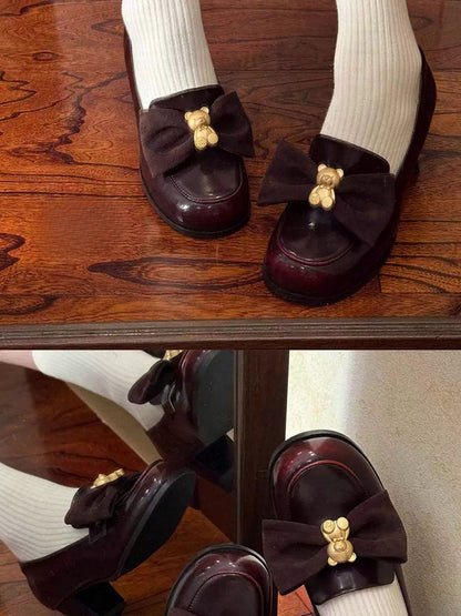 Wine Red Bear Decorated Bow at Top Loafers