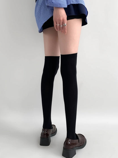 Black/White/Beige/Gray Ribbed Trim Over-knee Sockings