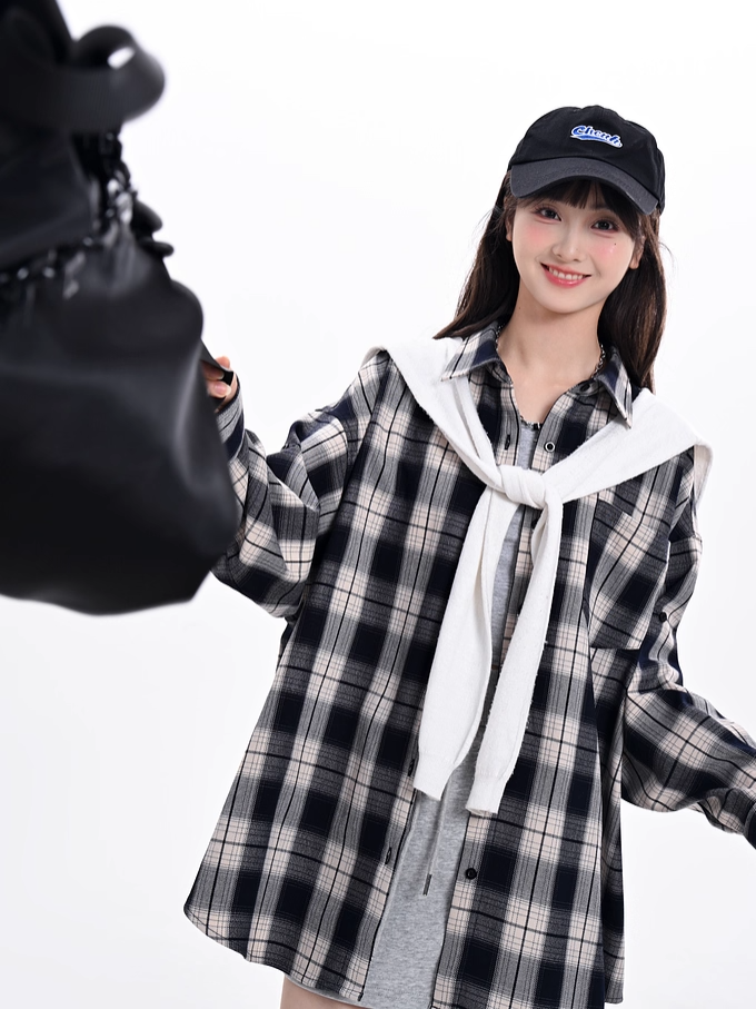 Navy Blue Front Button Placket Vintage Plaid Shirt