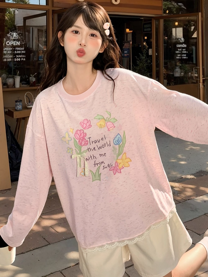 Sweet Floral Print Lace Trim Biege/Pink Round Neck Top