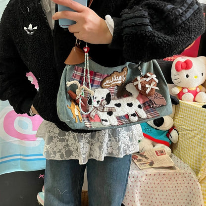 Artisanal Washed Denim Blue and Pink Plaid Shoulder Bag with Vintage Puppy & Kitten Patches