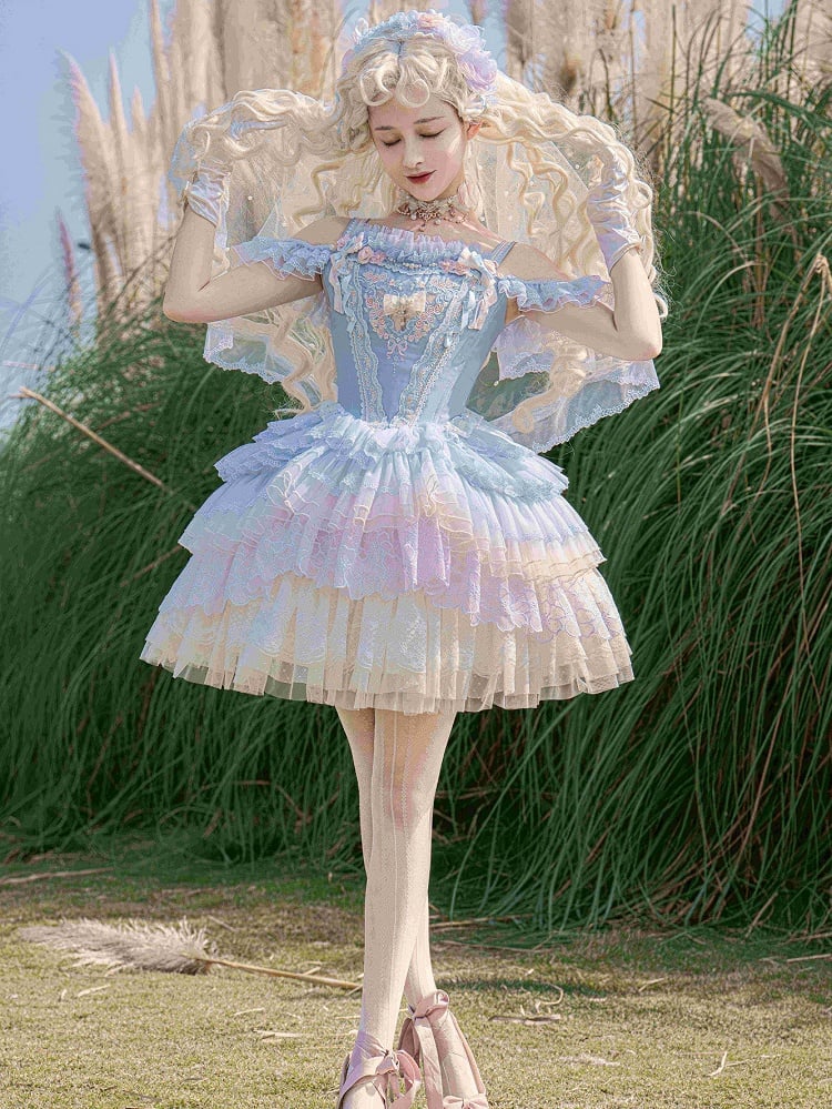 Blue Princess Lolita Corset Dress Floral Embroidery Jumper Skirt