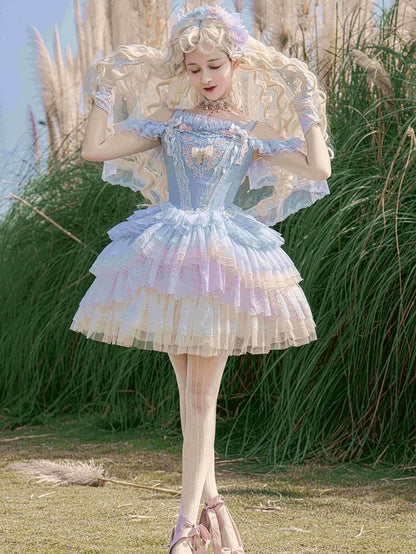 Blue Princess Lolita Corset Dress Floral Embroidery Jumper Skirt