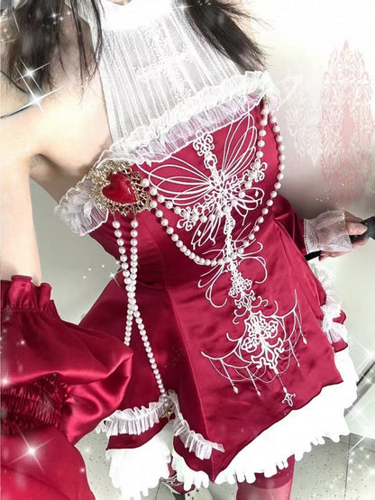 Red Cross Illusion Halter Neck Witch Lolita Backless Dress Gothic JSK Halloween Outfit