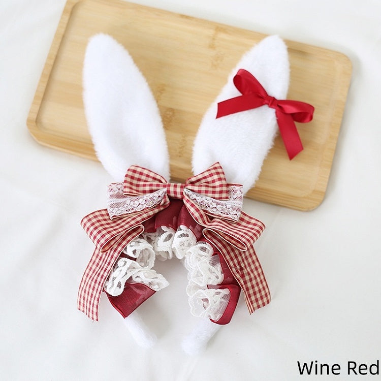 4 Colors Cute Lolita Gingham Bowknot Bunny Ear KC with Detachable Small Bowknots