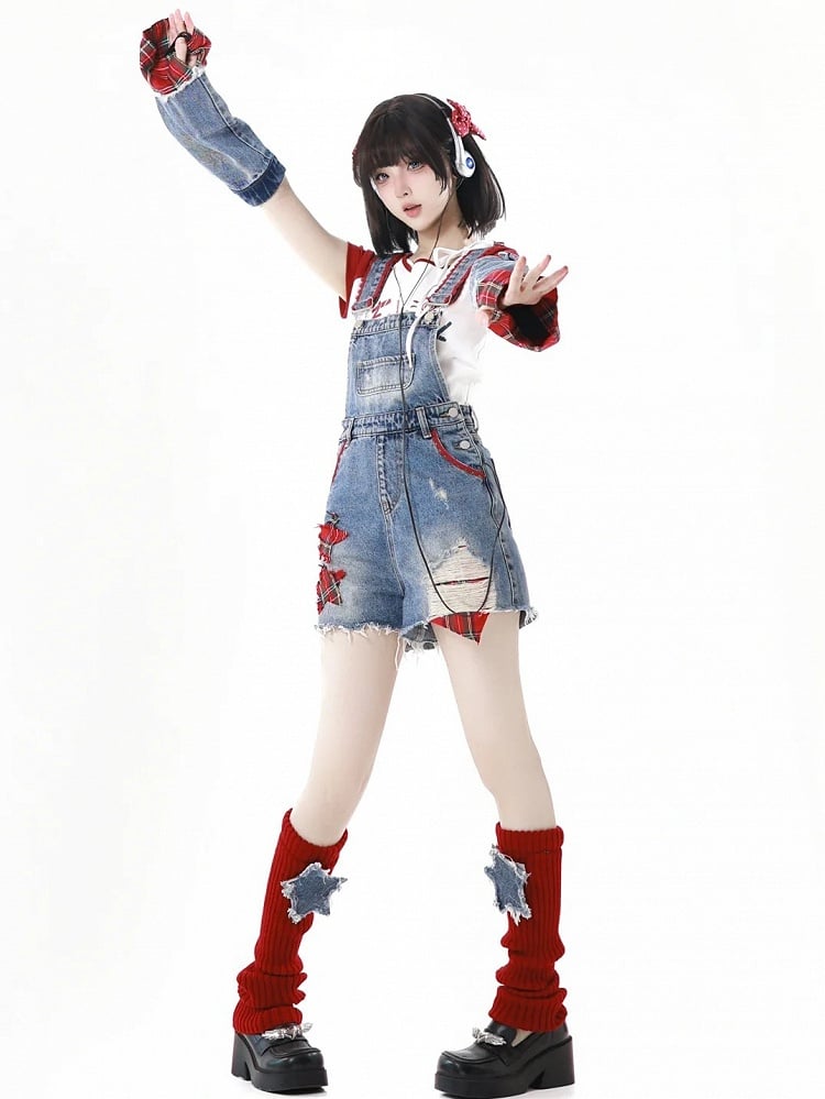 Blue Distressed Holes Raw Hem Plaid Star Appliques Denim Overall Shorts with Free Armwears