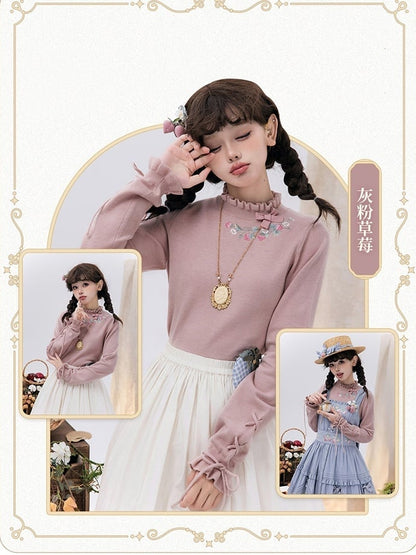 Strawberry Embroidery Neckline Lace-up Cuffs Dusty Pink Autumn Knit Top