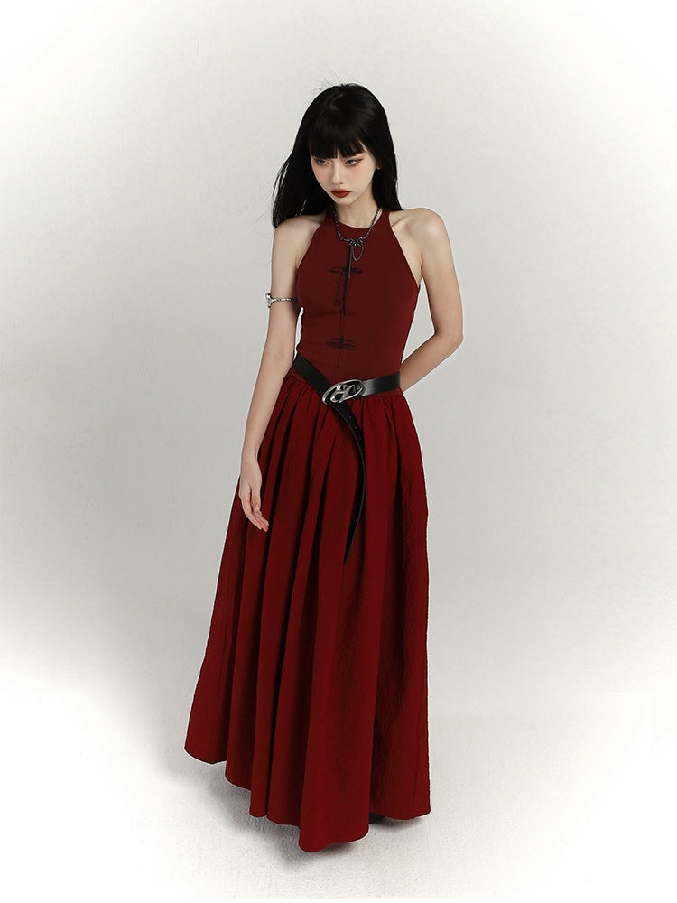 Gothic Wine Red High Waist Cross Print Backless Version Sleeveless Dress