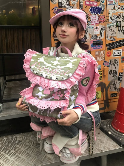 Camouflage Contrast Pink Lace Trim Backpack