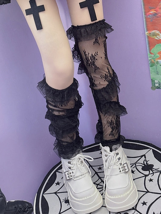 Black Y2K Lace Trim Loose Leg Sleeves