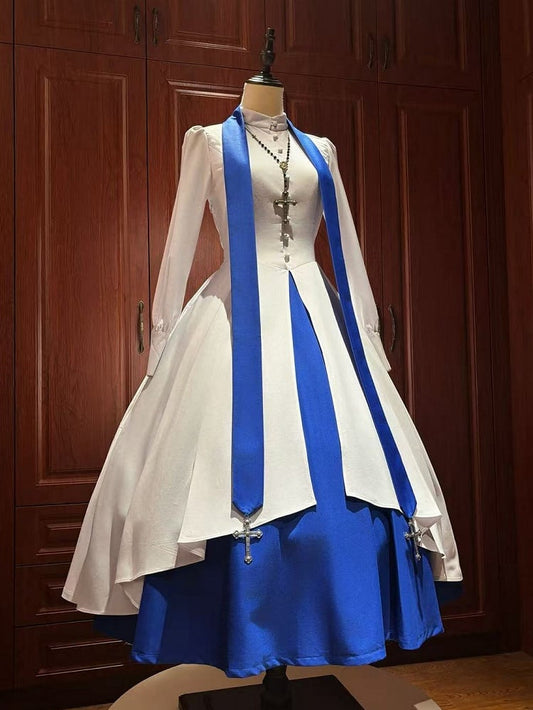 White and Klein Blue Nun Lolita Long Sleeves Dress