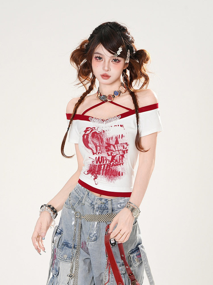 Off-the-shoulder Neckline Butterfly Applique Red/White/Gray Halter Neck T-shirt