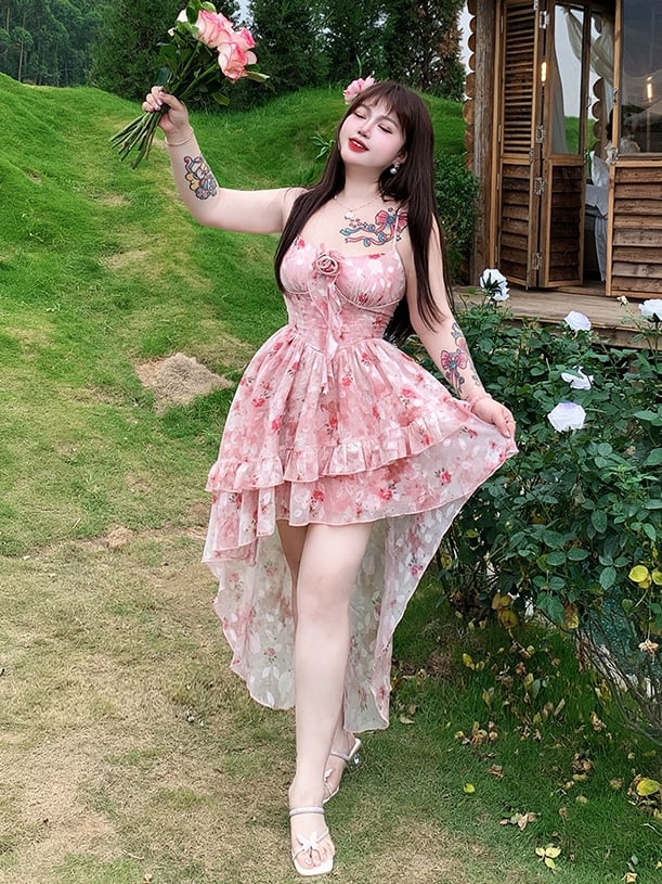 Plus Size Basque Waist Cascading Ruffle Pink Rosette Print Cami Dress High-low Skirt