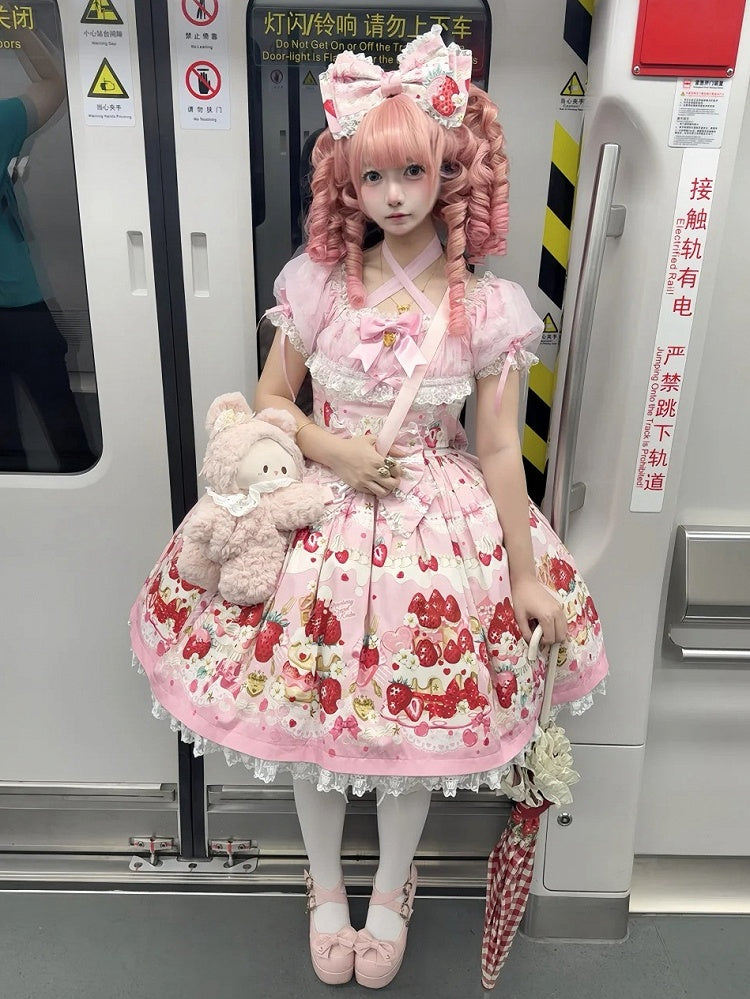 Strawberry Cake Print Pink Sweet Lolita Short Sleeves Dress