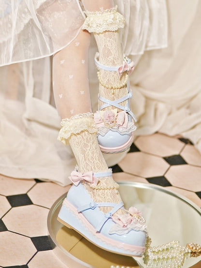Blue Floral Design Bow at Top Lace Trim Heart Buckle Platforms With Detachable Beaded Chain