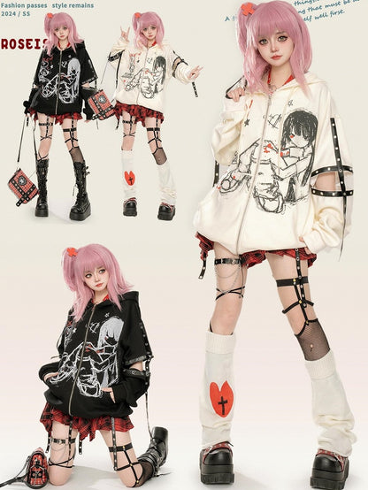 Punk Black/Beige Comic Girl Print Cutout Sleeves Zip Hoodie