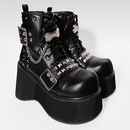 Punk Matte Black Platform Ankle Boots Silver-tone Studs