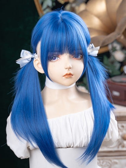 Blue 63CM Length Straight Wig With Full Bangs