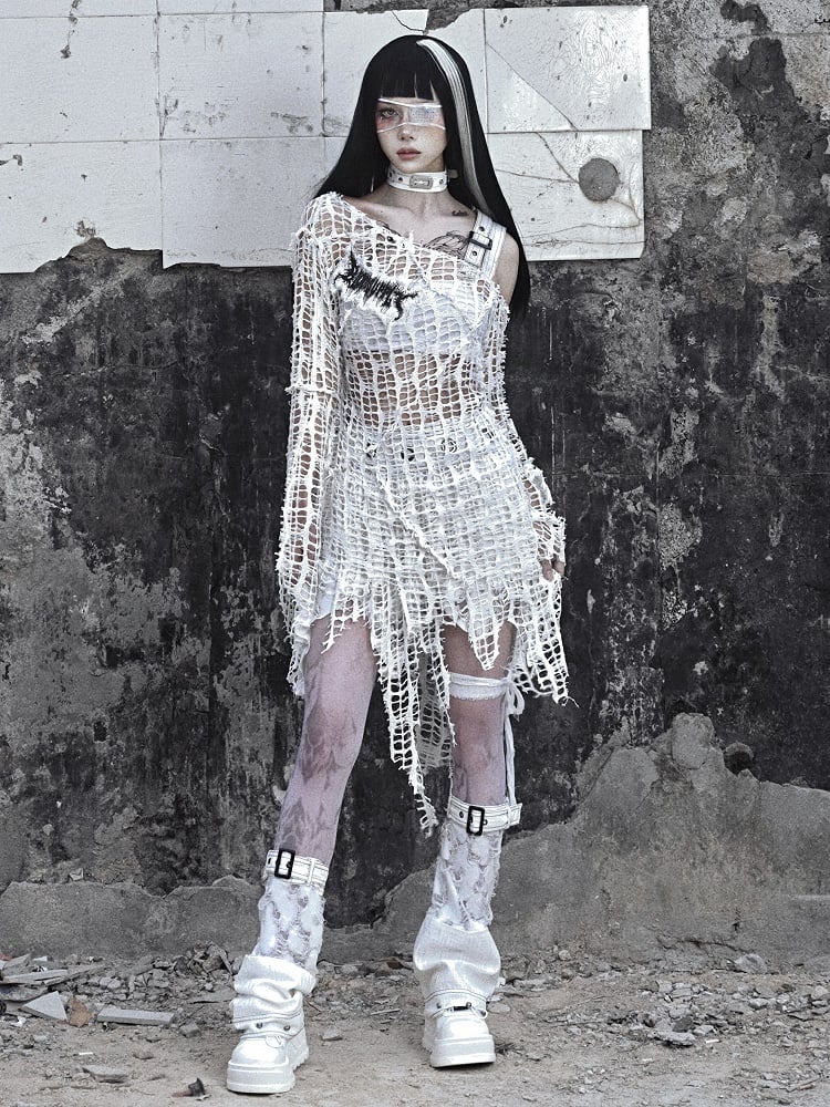 White Bell Sleeves Irregular Distressed Hallow Out Top