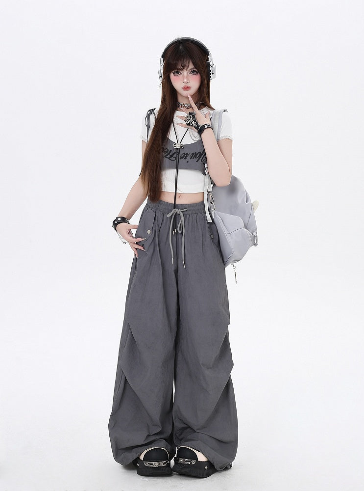 Gray Drawstring Waist Wasteland Punk Pants with Asymmetrical Waist Accessory
