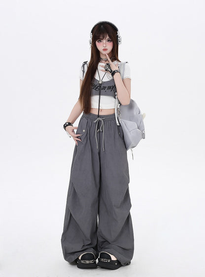 Gray Drawstring Waist Wasteland Punk Pants with Asymmetrical Waist Accessory