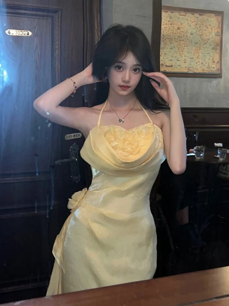 Vintage Yellow Halter Neck Floral Prom Gown Fairy Princess Dress