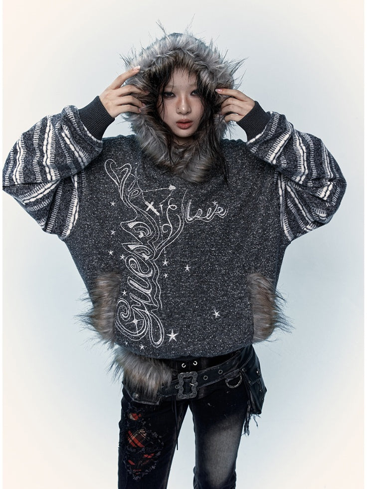 Gray&White/Black&White Plush Trim Striped Sleeves Hoodie