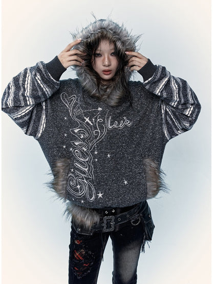 Gray&White/Black&White Plush Trim Striped Sleeves Hoodie